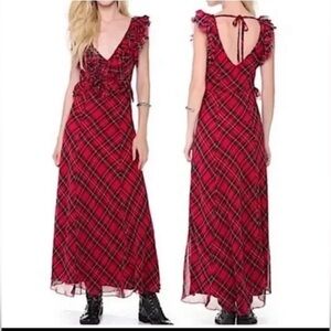 Free People Red Plaid Ruffle-Trim Maxi Dress